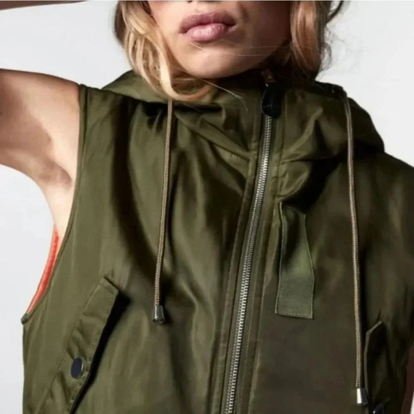 ZARA, New, Cropped Nylon Hooded Zip Front Army Green Khaki Puff Vest, Size XL - Picture 3 of 16
